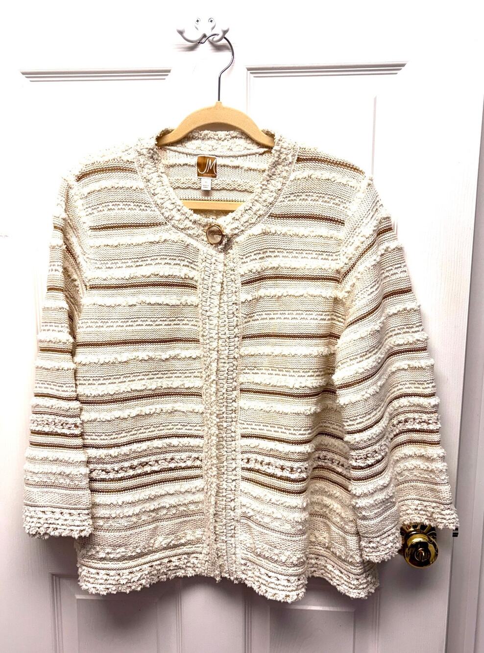 JM Collection Sweater Coat Ivory Cotton Cardigan Textured Knit Fisherman Size XL